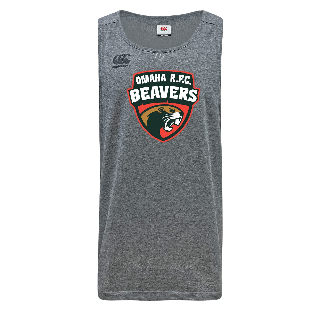 The Omaha Beavers RFC Tempo Vapodri Singlet by WRS Canterbury is a gray sleeveless athletic shirt made from recycled polyester, featuring the "Omaha R.F.C. Beavers" logo and a beaver illustration on the chest.