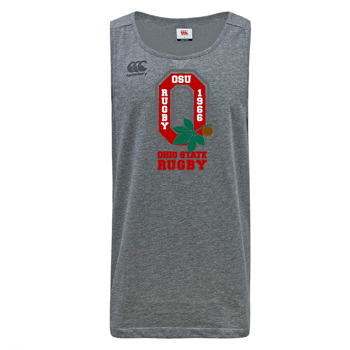 WRS Canterbury Ohio State University Alumni Tempo Vapodri Singlet is a grey sleeveless vest with an Ohio State Rugby graphic, red block "O" logo, “OSU Rugby 1966” text, and buckeye leaf design. Made from recycled polyester for comfort and sustainability.