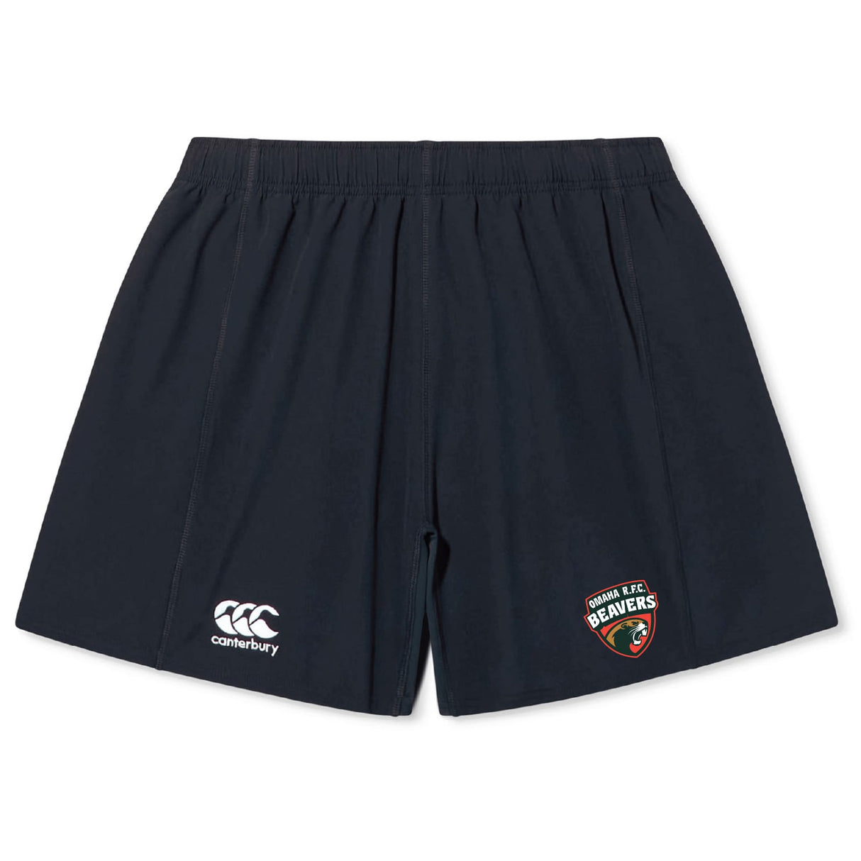 The Omaha Beavers RFC Yokohama Short by EMB Canterbury features a navy blue design, elastic waistband, Canterbury rugby logo on the left leg, and Beavers RFC crest on the right leg.