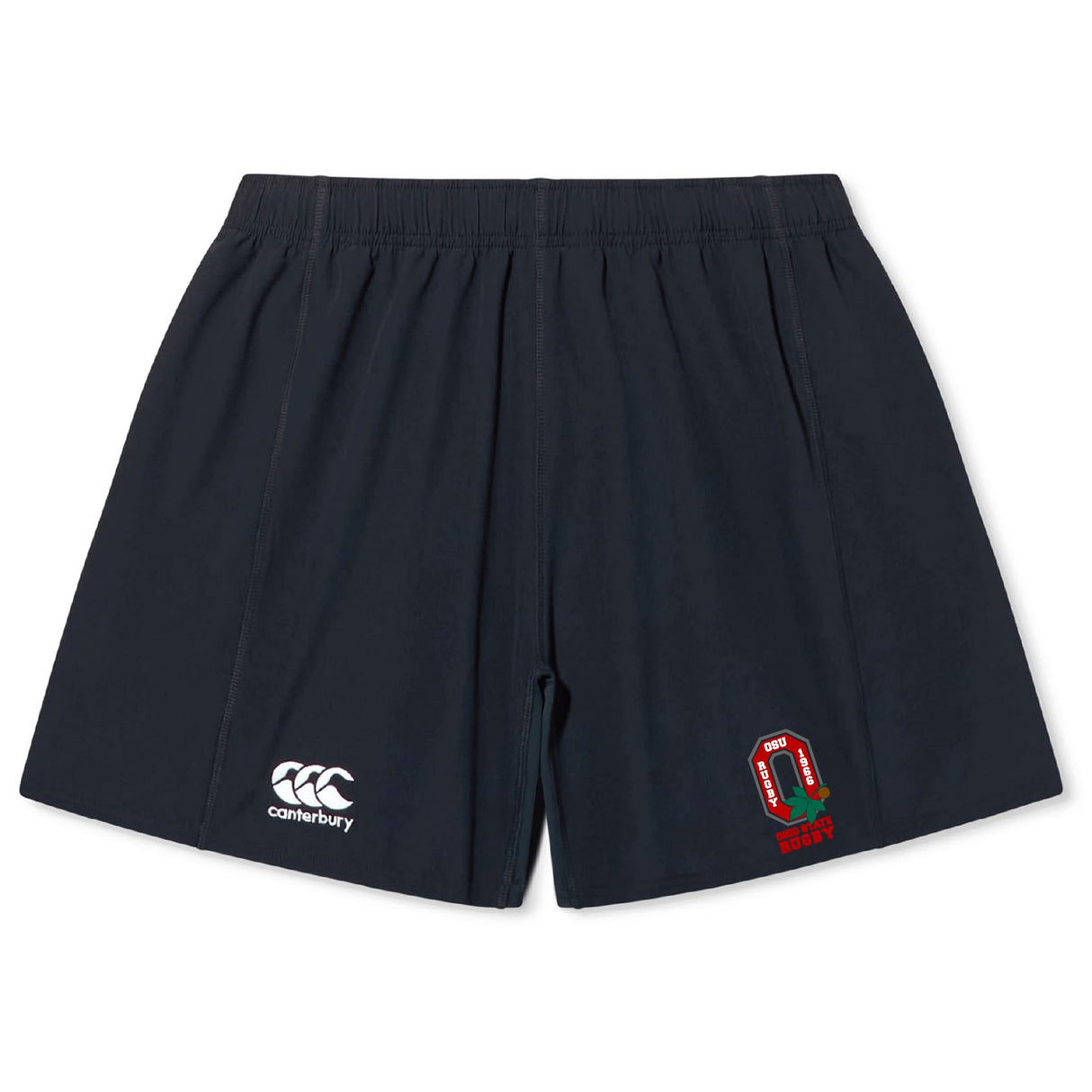 Ohio State University Alumni Yokohama Short by EMB Canterbury in navy blue, with an elastic waistband, white Canterbury rugby logo, and a red and green embroidered front emblem.