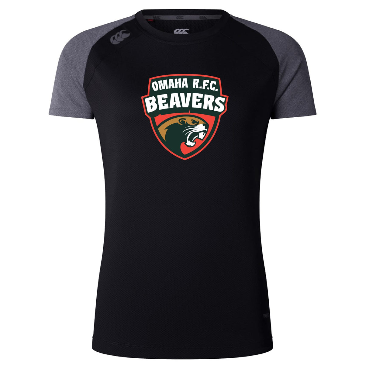 The Omaha Beavers RFC Women's Elite Training Tee by WRS Canterbury features a black and gray design with the "Omaha R.F.C. Beavers" beaver head logo. This lightweight shirt is perfect for intense workouts and elite performance.