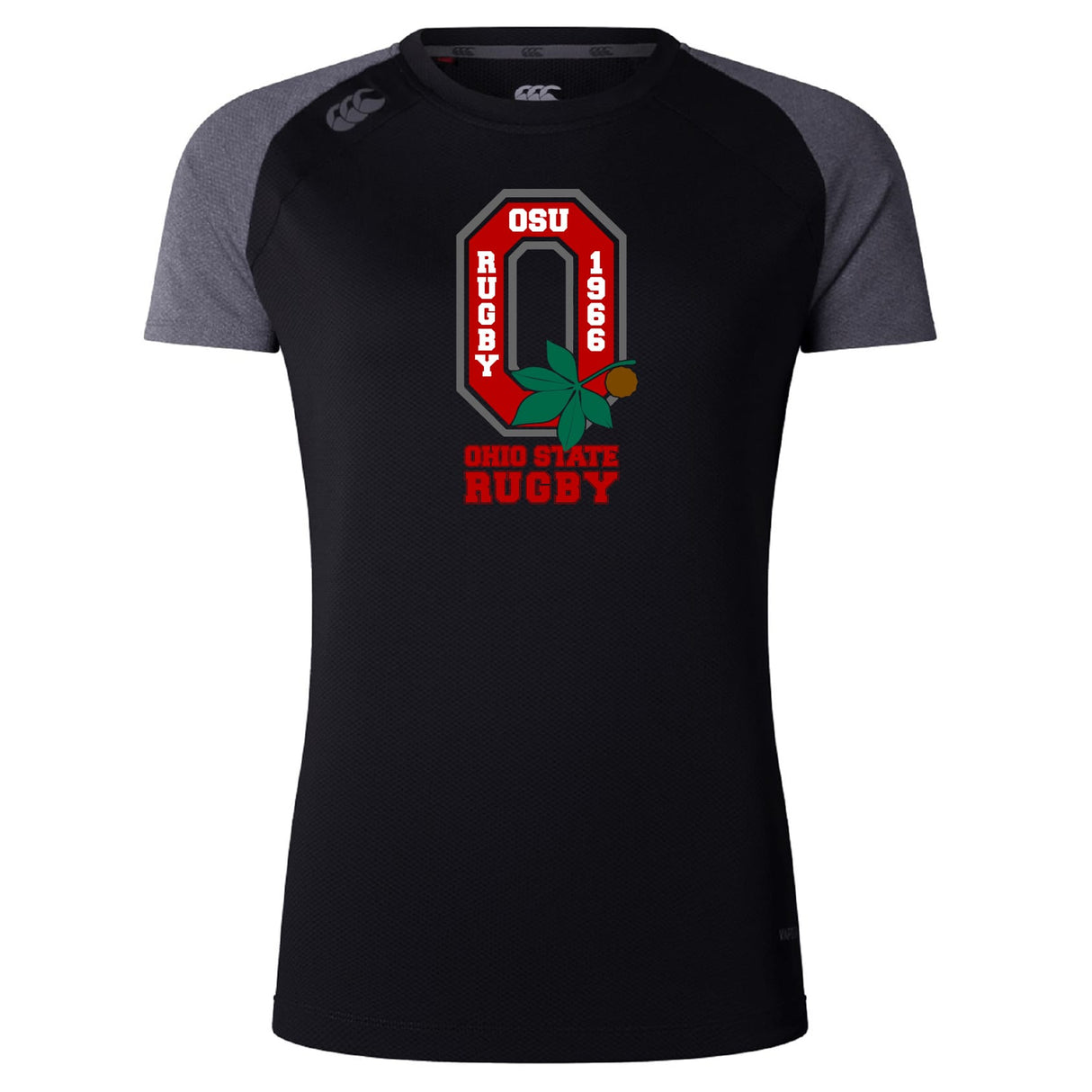 The Ohio State University Alumni Women's Elite Training Tee by WRS Canterbury is a black and gray moisture-wicking shirt with "OSU Rugby 1966," "Ohio State Rugby" logos, buckeye leaf, and rugby ball graphic—ideal for lightweight training.
