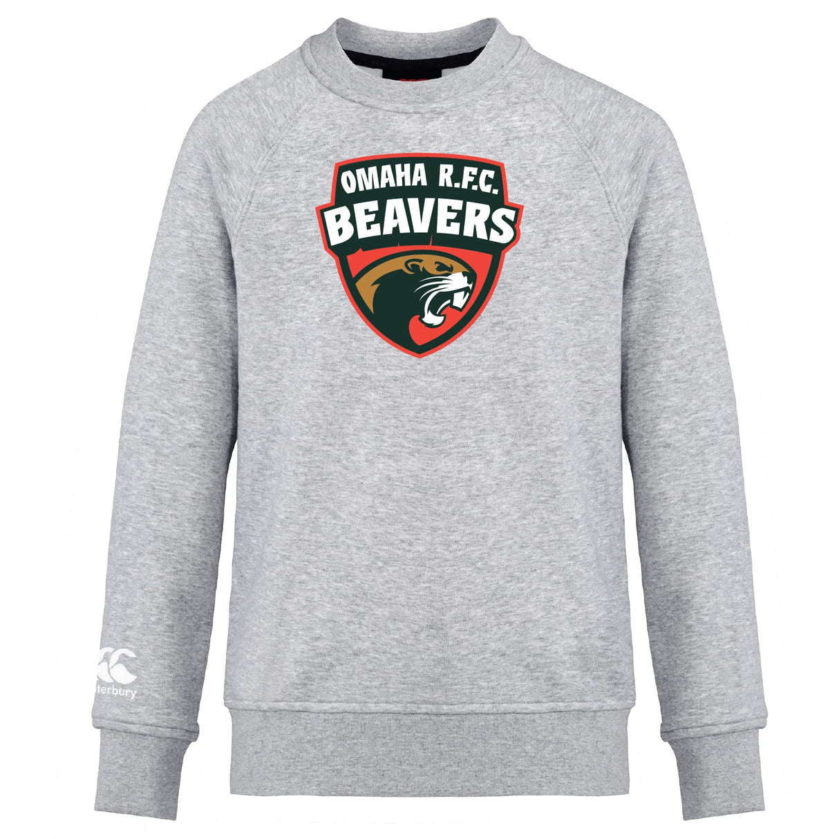 The Omaha Beavers RFC Club Crew Sweatshirt by WRS Canterbury features the "Omaha R.F.C. Beavers" logo with a beaver head on the chest, ultra soft feel, and an embroidered CCC logo on the sleeve.