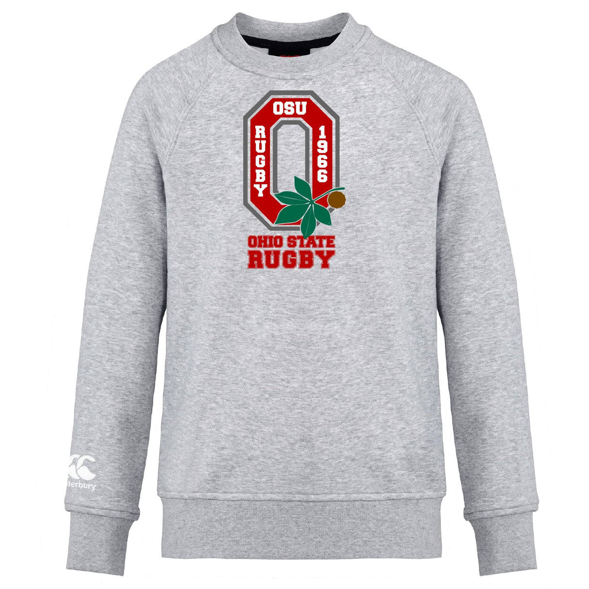 The Ohio State University Alumni Club Crew Sweatshirt by WRS Canterbury is ultra soft, gray, features the OSU Rugby 1966 logo, a buckeye leaf, "Ohio State Rugby" in red, and an embroidered CCC logo.