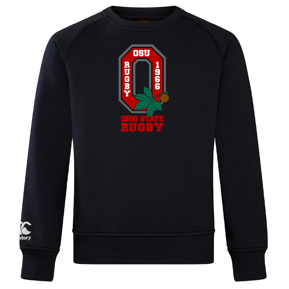 The Ohio State University Alumni Club Crew Sweatshirt by WRS Canterbury features a large red "O" logo, “OSU Rugby 1966”, buckeye leaf and nut, “Ohio State Rugby” text, and embroidered CCC logo. Ultra soft—perfect for fans!.