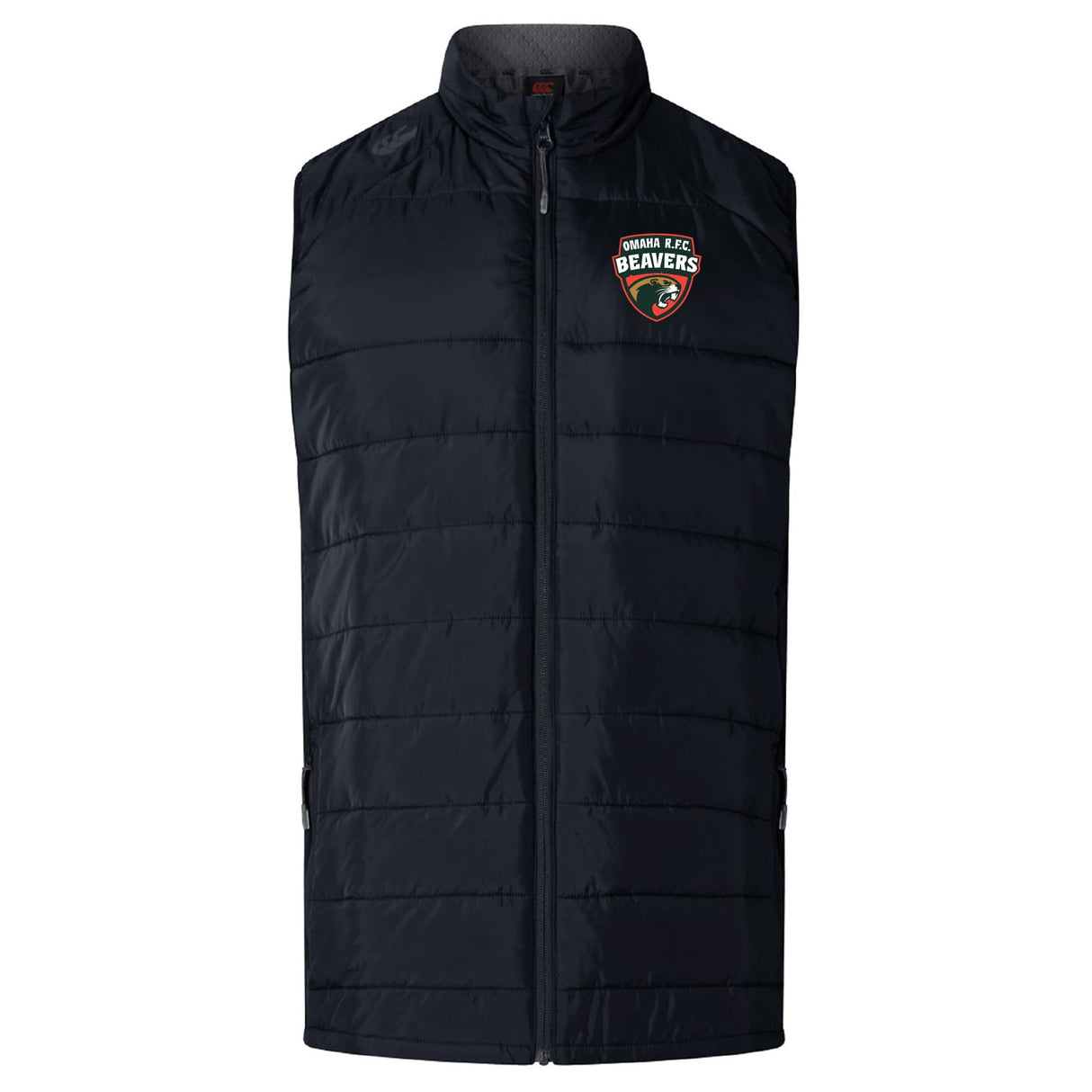 The EMB Canterbury Omaha Beavers RFC Women's Elite Microlite Gilet features black quilted insulation, a zip front, and an "Omaha FC Beavers" logo on the left chest.