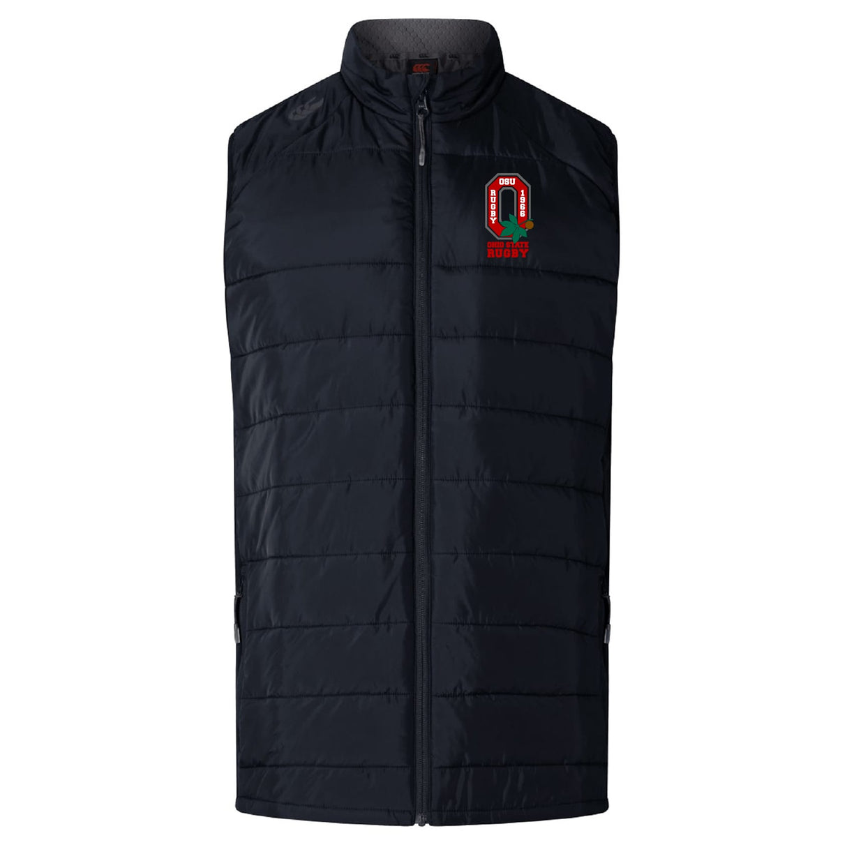 The Ohio State University Alumni Elite Microlite Gilet by EMB Canterbury is a black quilted sleeveless vest with Thermoreg fleece insulation, zip-up front, and embroidered "Q Rugby" logo—ideal for cool days.