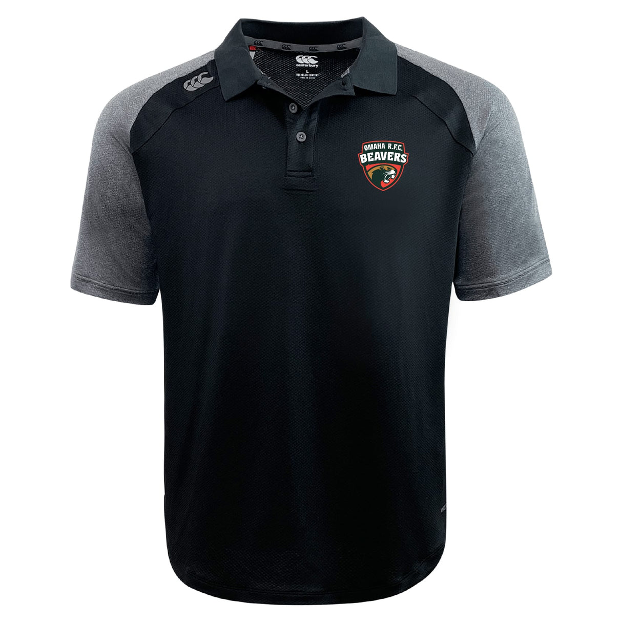 The Omaha Beavers RFC Elite Polo by EMB Canterbury is a lightweight black and gray collared shirt with the club logo on the chest, Canterbury logo on the shoulder, and made from breathable Vapodri fabric for comfort.