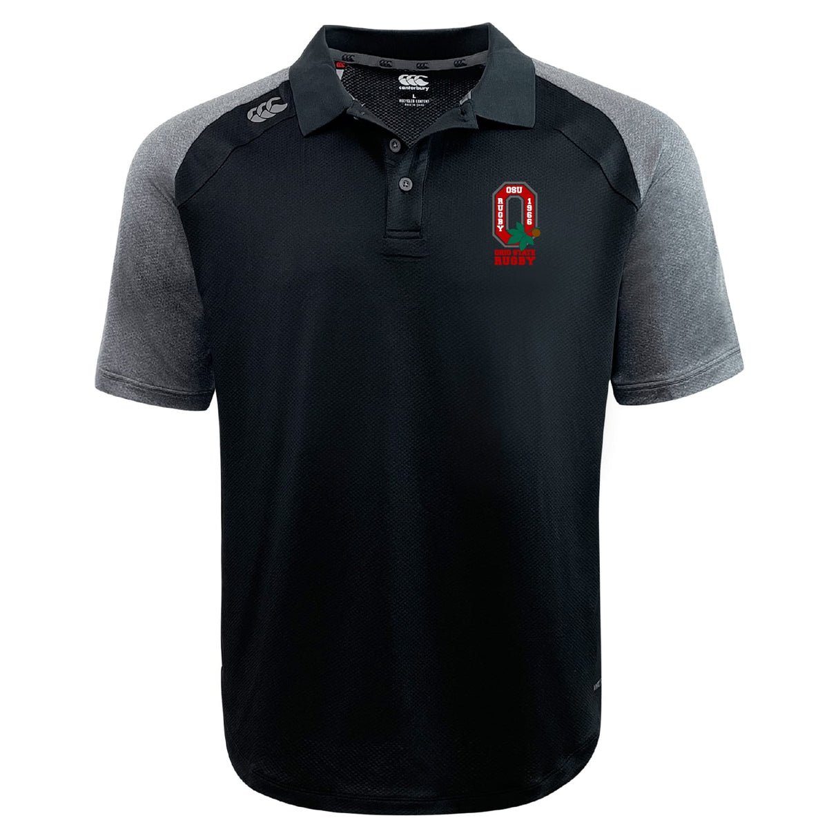 The EMB Canterbury Ohio State University Alumni Elite Polo features black and gray short sleeves, a buttoned collar, an embroidered red and green OSU Rugby logo on the left chest, and moisture-wicking Vapodri fabric for all-day comfort.