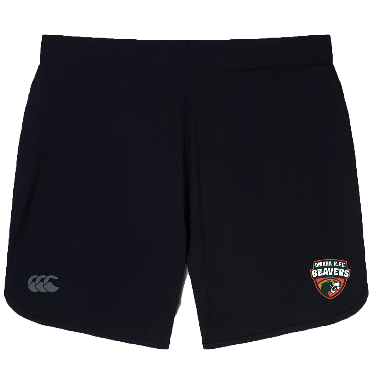 The Omaha Beavers RFC Elite Woven Short by EMB Canterbury features a small Omaha RFC Beavers logo on the left leg and a Canterbury logo on the right—perfect as your go-to gym short.