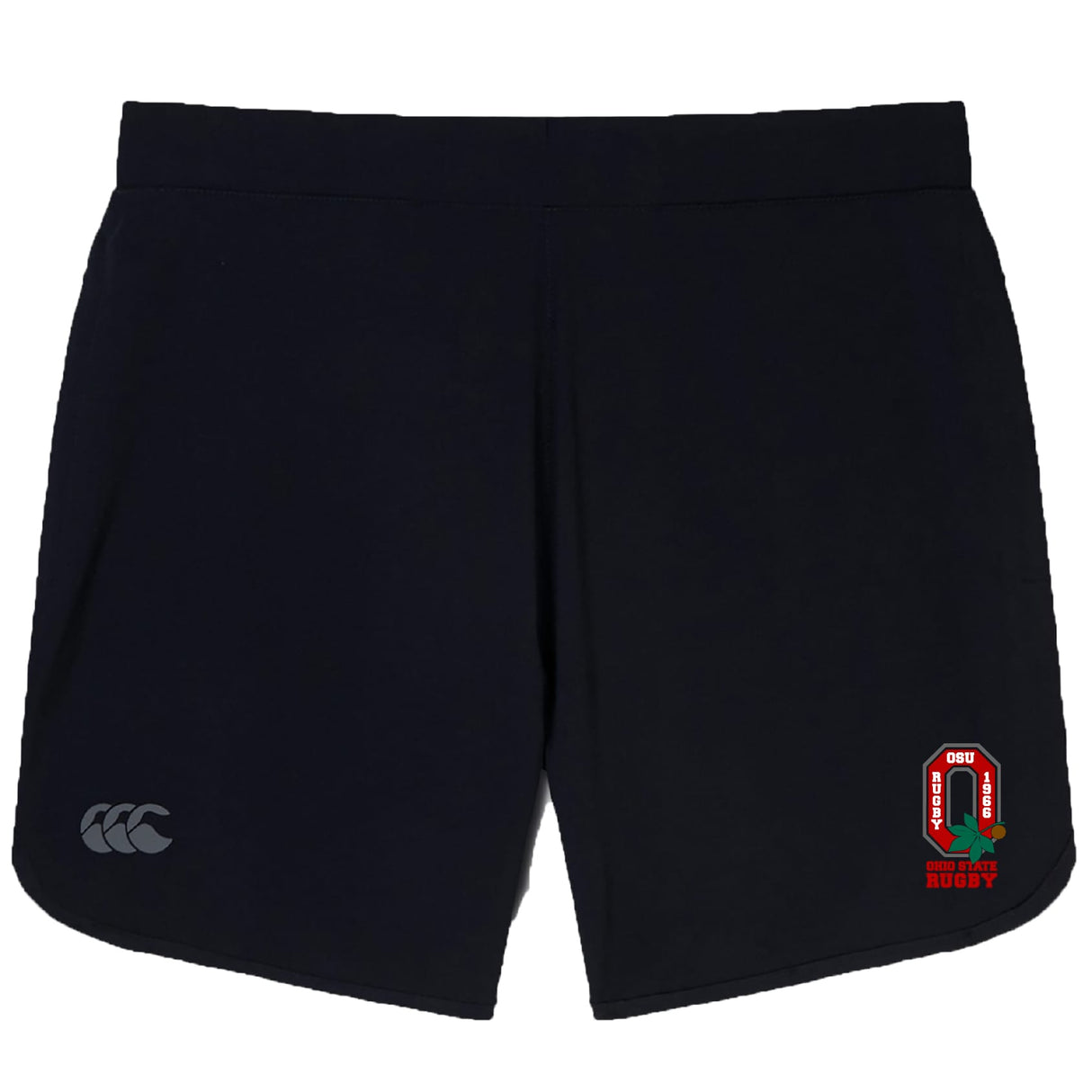 The Ohio State University Alumni Elite Woven Short by EMB Canterbury features the OSU Rugby logo, Canterbury branding, and zippered pockets—ideal gym shorts for any athlete.