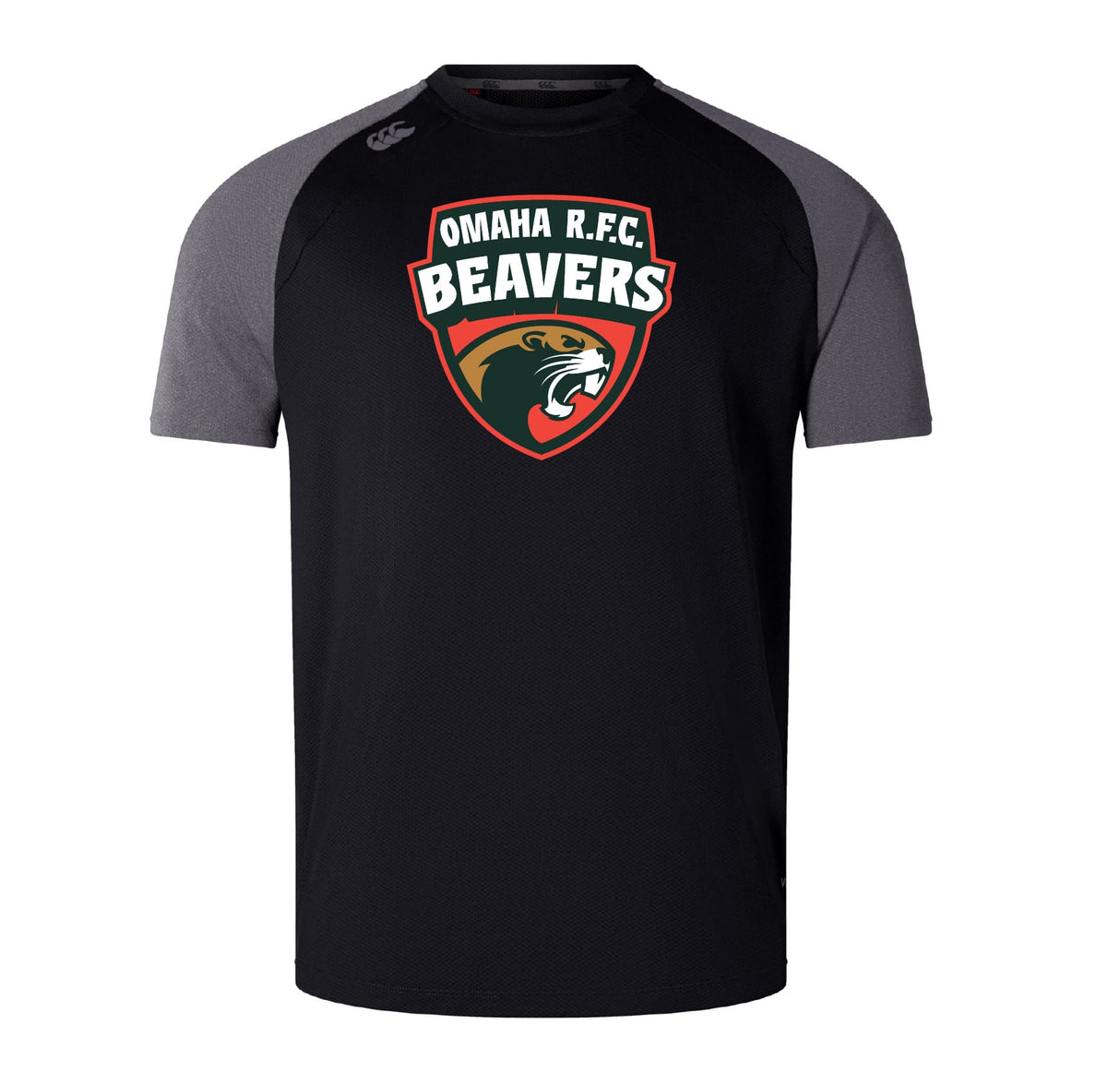 The Omaha Beavers RFC Elite Training Tee by WRS Canterbury features a beaver head logo on the chest. Made from Vapodri fabric, this black and gray short-sleeve tee is lightweight, durable, and keeps you cool during training.