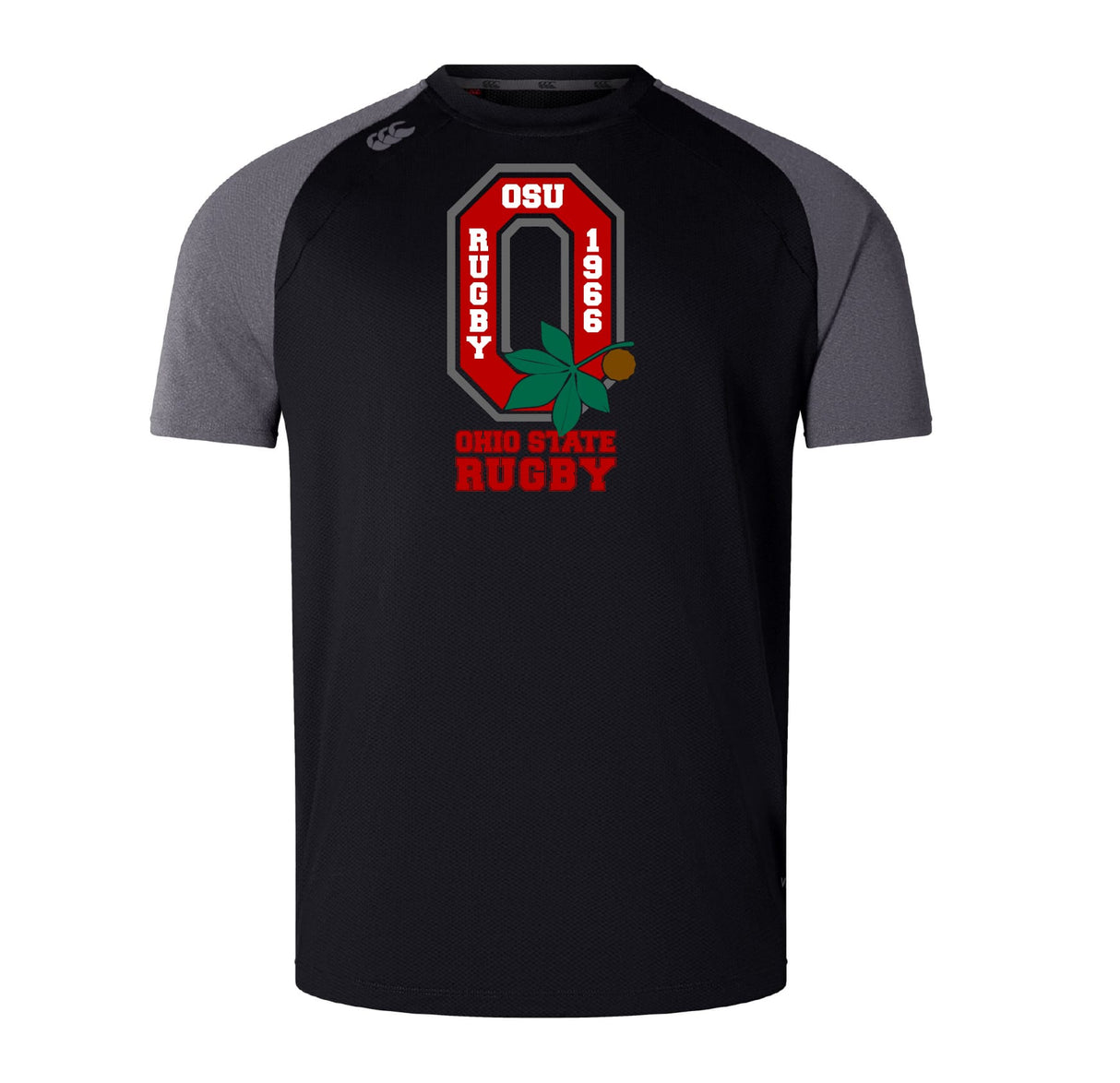 The Ohio State University Alumni Elite Training Tee by WRS Canterbury is a black and gray short-sleeve shirt featuring a 1966 logo with red "O" and buckeye leaf. Made with Vapodri fabric, it's lightweight, durable, and ideal for active wear.