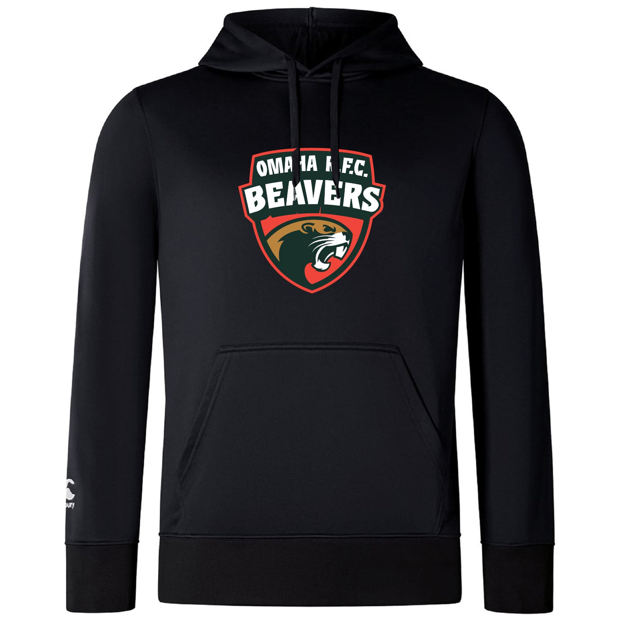 The Omaha Beavers RFC Club Lightweight Hoodie by WRS Canterbury is a black, lightweight hoodie with a kangaroo pocket and Omaha F.C. Beavers logo and beaver graphic on the chest—perfect for Canterbury Club fans.