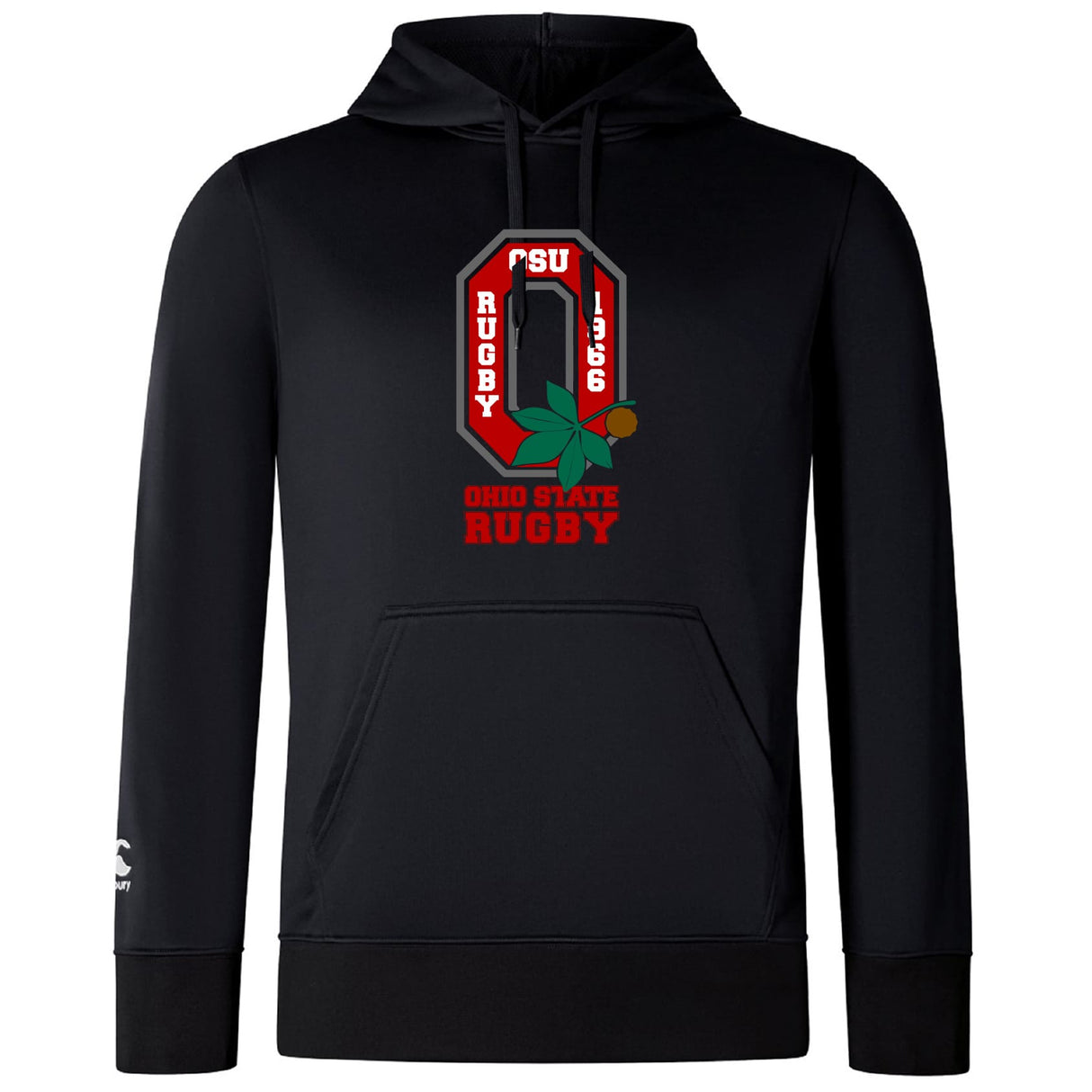 The Ohio State University Alumni Club Lightweight Hoodie by WRS Canterbury features a red and white Rugby logo with a buckeye leaf and nut graphic on the front, plus a handy kangaroo pocket.
