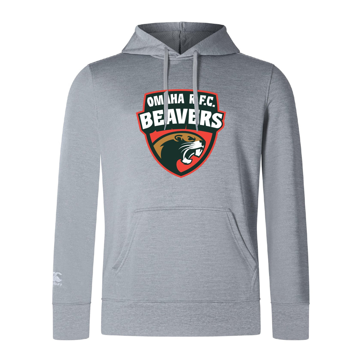 The Omaha Beavers RFC Club Lightweight Hoodie by WRS Canterbury features a gray design with the iconic beaver head logo, bold chest text, and a convenient kangaroo pocket for comfort and style.