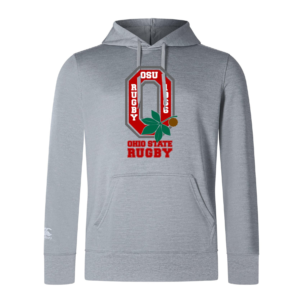 The WRS Canterbury Ohio State University Alumni Club Lightweight Hoodie in gray features a large Rugby logo with an "O," rugby posts, a buckeye leaf, and a kangaroo pocket on the front.