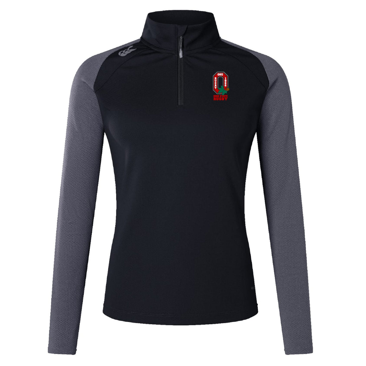 The Ohio State University Alumni Women's Elite First Layer by EMB Canterbury is a black long-sleeve half-zip with gray sleeves, a red and white embroidered left-chest logo, and advanced moisture-wicking for peak performance.