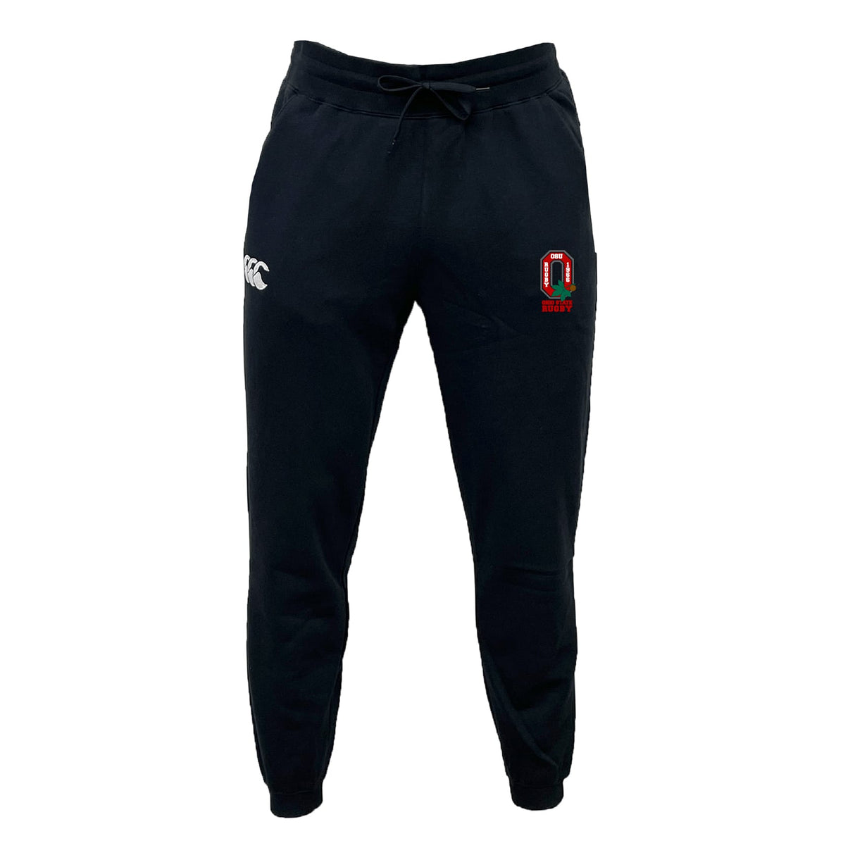The Ohio State University Alumni Leisure Sweatpant by EMB Canterbury features black fleece, an elastic drawstring waistband, a white CCC logo on the left thigh, and a red “Q Hockey” emblem on the right.