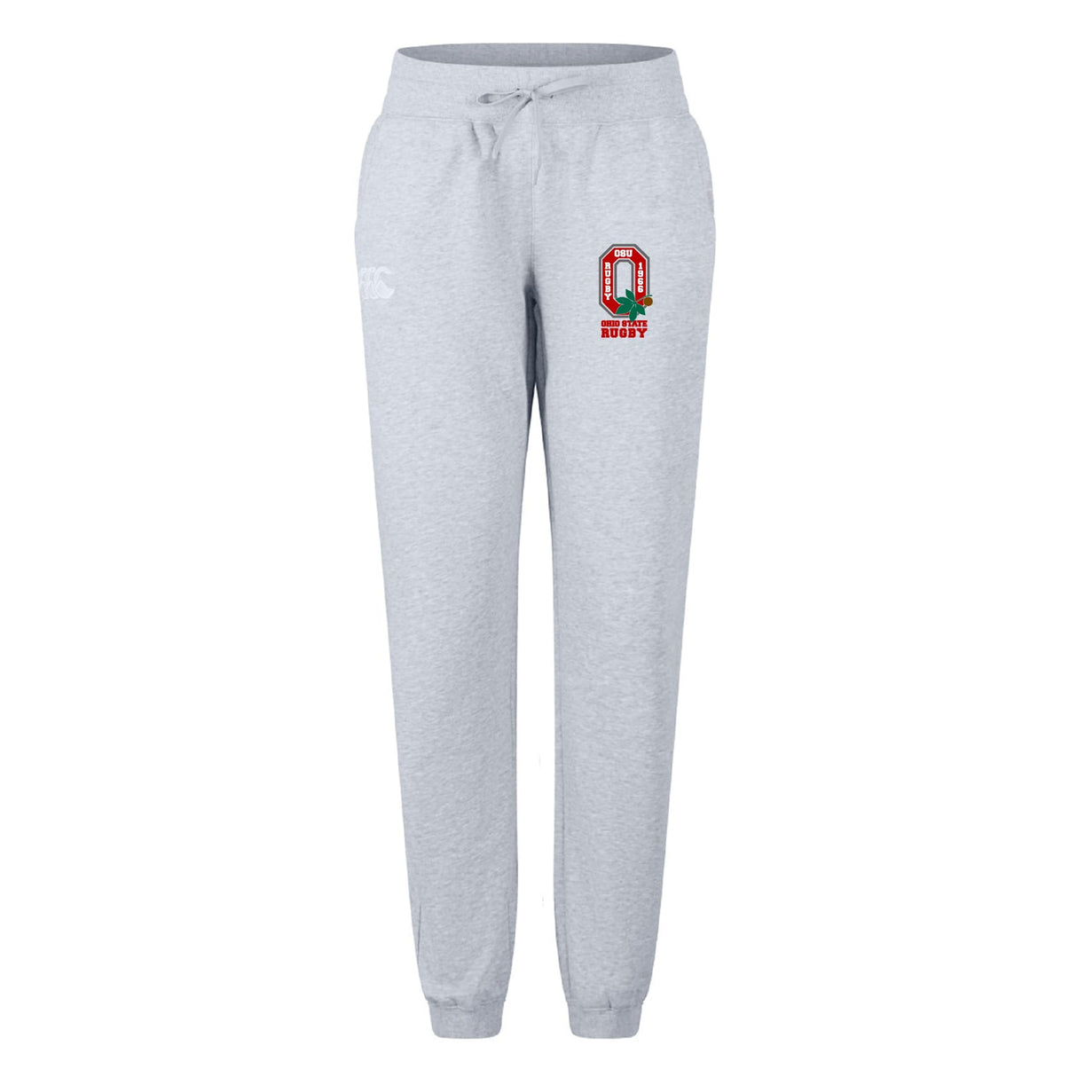 The Ohio State University Alumni Women's Leisure Sweatpant by EMB Canterbury features light grey organic cotton, an elastic waistband with drawstring, and a red "O Rugby" logo on the left thigh for all-day comfort.