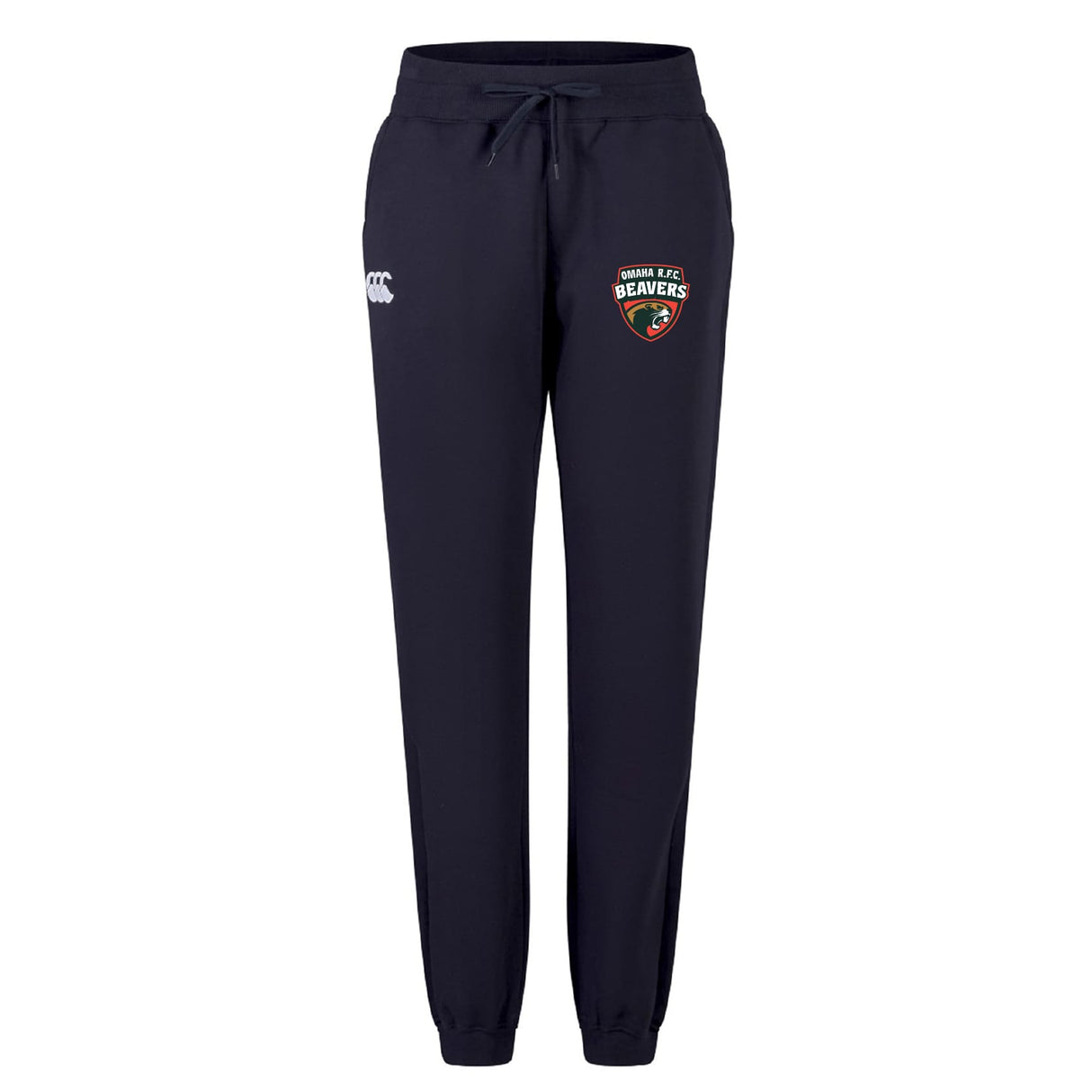 The Omaha Beavers RFC Women's Leisure Sweatpant by EMB Canterbury features a navy blue design with a drawstring waist, Beavers crest on the right leg, and white Canterbury logo on the left thigh—ideal for stylish comfort.