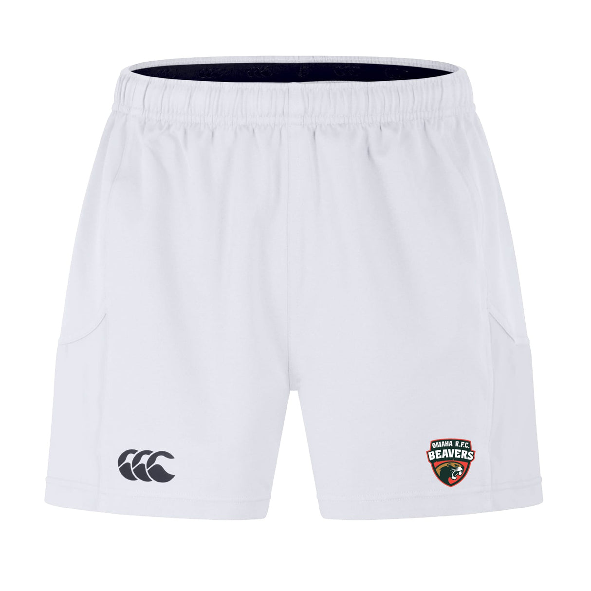 The Omaha Beavers RFC Advantage Short 2.0 by EMB Canterbury features an elastic waistband, Canterbury logo on the left leg, and Oamaru F.C. Beavers badge on the right—designed for comfort, durability, and sustainable performance.