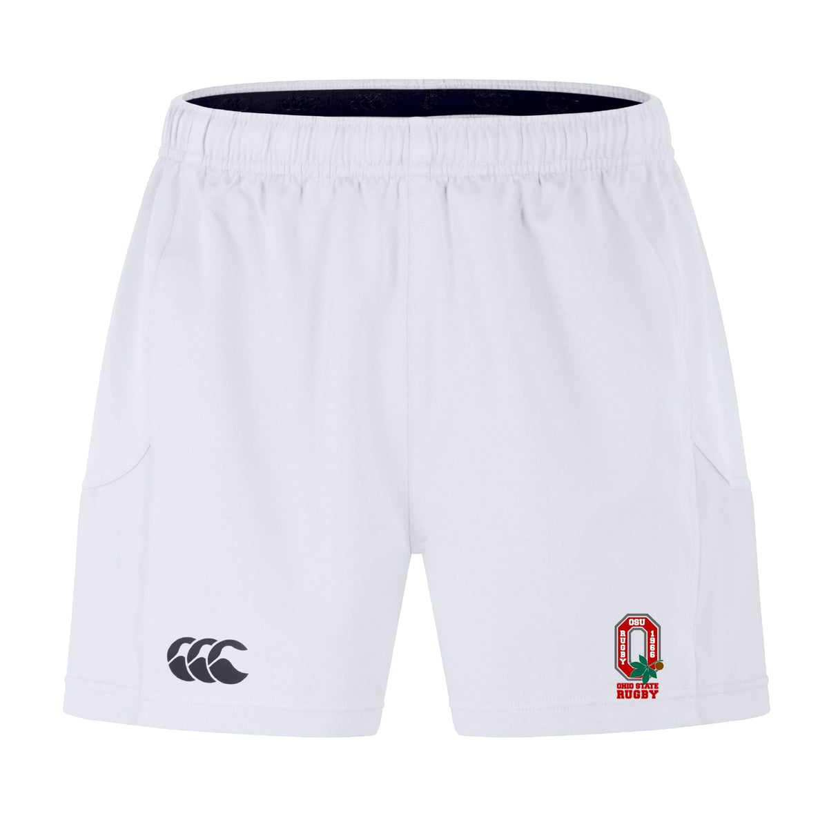 The Ohio State University Alumni Advantage Short 2.0 by EMB Canterbury features an elastic waistband, black Canterbury logo on the left leg, and red and green rugby club crest on the right—ideal sustainable sportswear for every match.