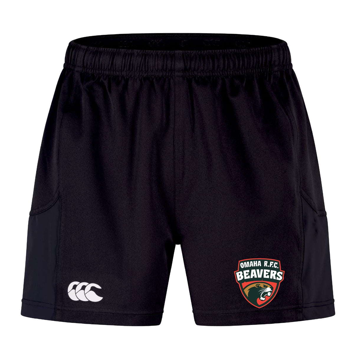 The Omaha Beavers RFC Advantage Short 2.0 by EMB Canterbury features an elastic waistband, recycled material for sustainability, the Omaha RFC Beavers logo on the right leg, and the Canterbury logo on the left.