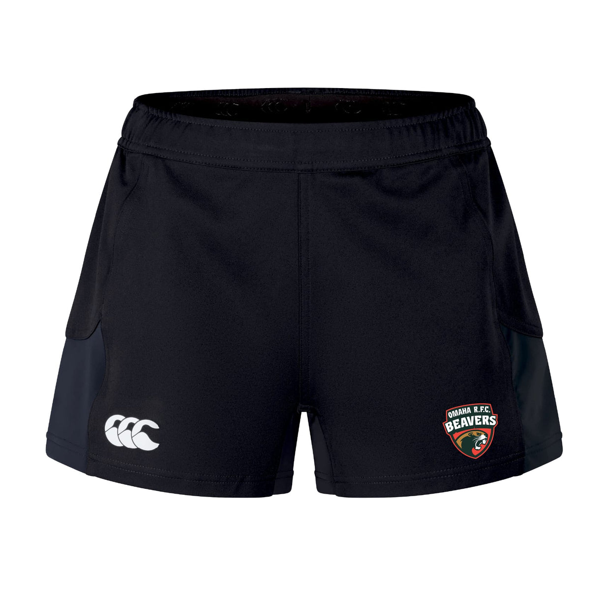 The Omaha Beavers RFC Women's Advantage Short 2.0 by EMB Canterbury features the Canterbury logo on the left, Omaha RFC Beavers crest on the right, and is made with recycled materials for sustainable athletic wear.