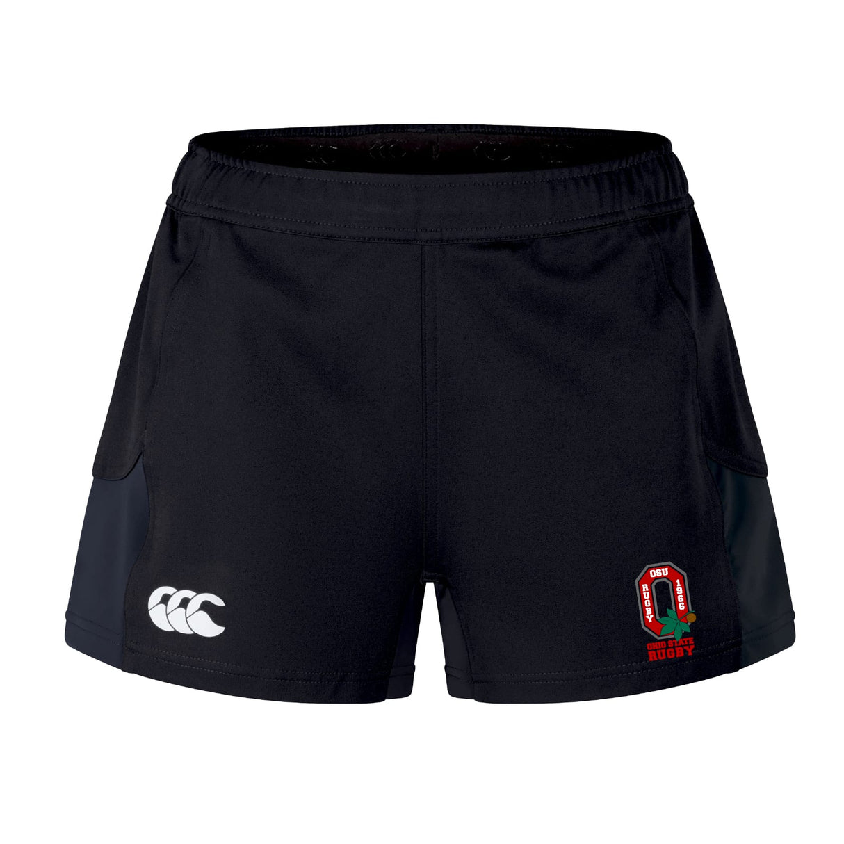The Ohio State University Alumni Women's Advantage Short 2.0 by EMB Canterbury features a white Canterbury logo on the left leg and an embroidered alumni crest on the right. Made from recycled sportswear for superior comfort.