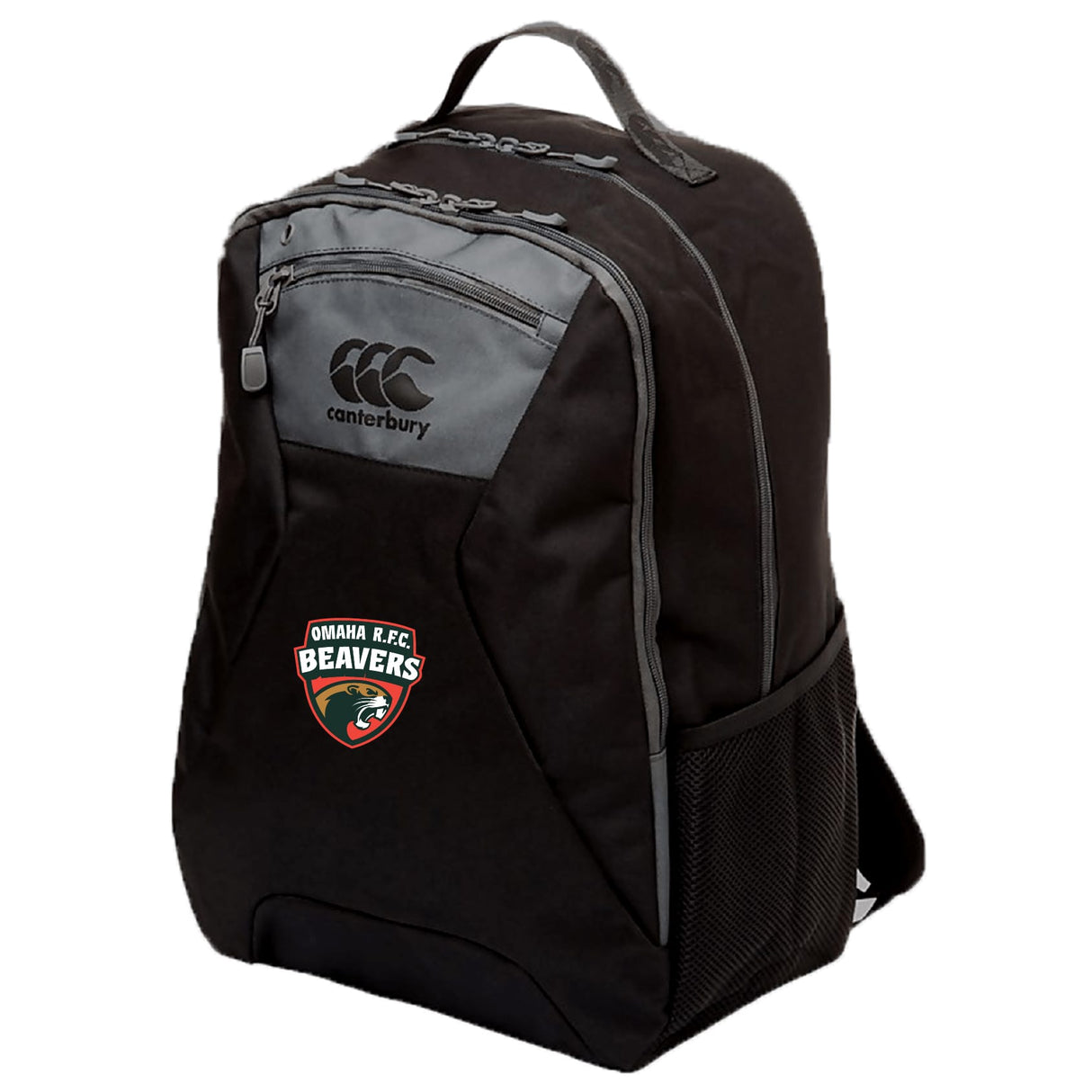 The Omaha Beavers RFC Medium Backpack by Canterbury (EMB Canterbury) features black fabric with gray trim, a front zipper pocket, mesh side pocket, water repellent finish, and an Omaha RFC Beavers patch on the front.