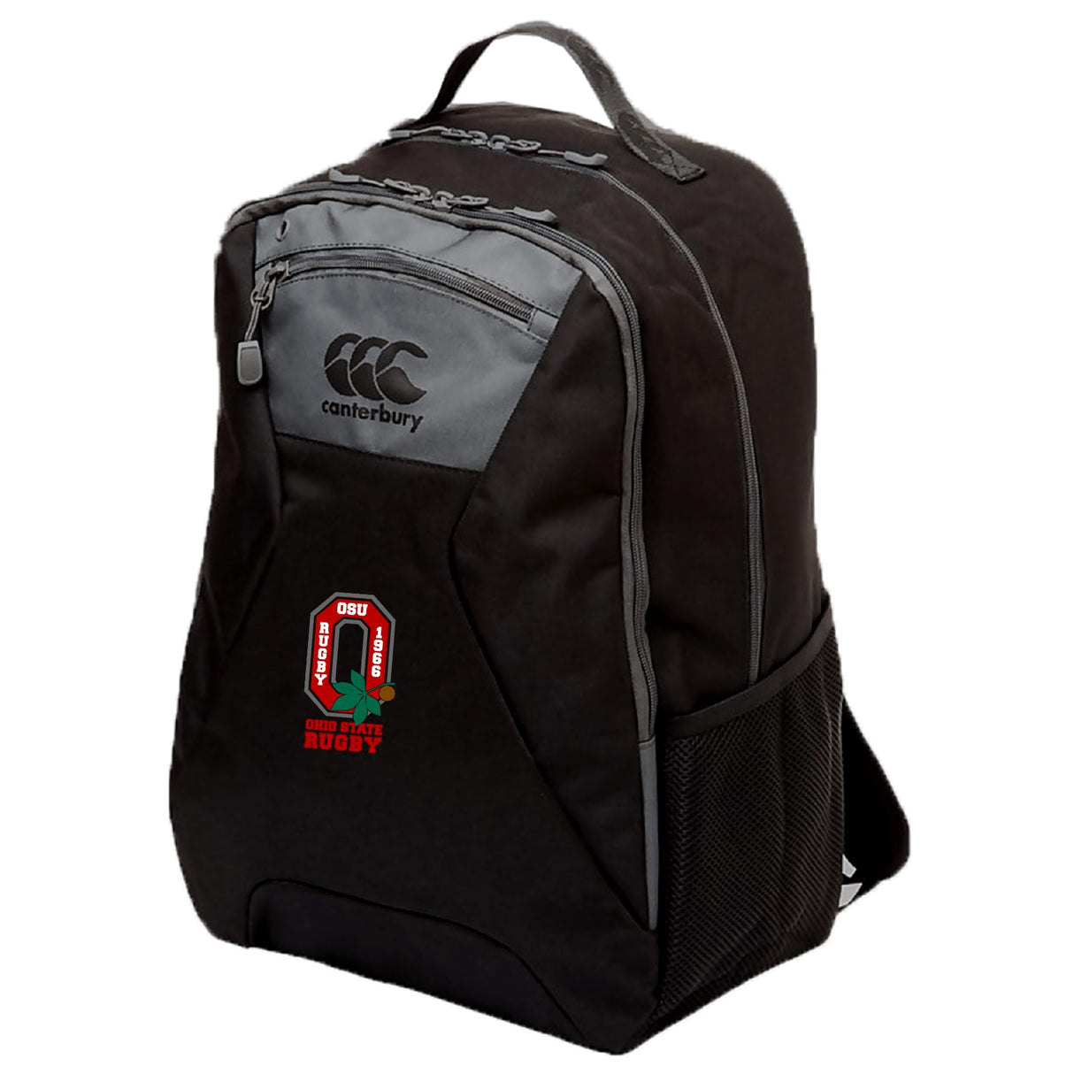 The Ohio State University Alumni Medium Backpack by EMB Canterbury features gray accents, a side mesh pocket, padded laptop pocket, and a water-repellent finish—perfect for adventures with the OSU Rugby logo on the front.