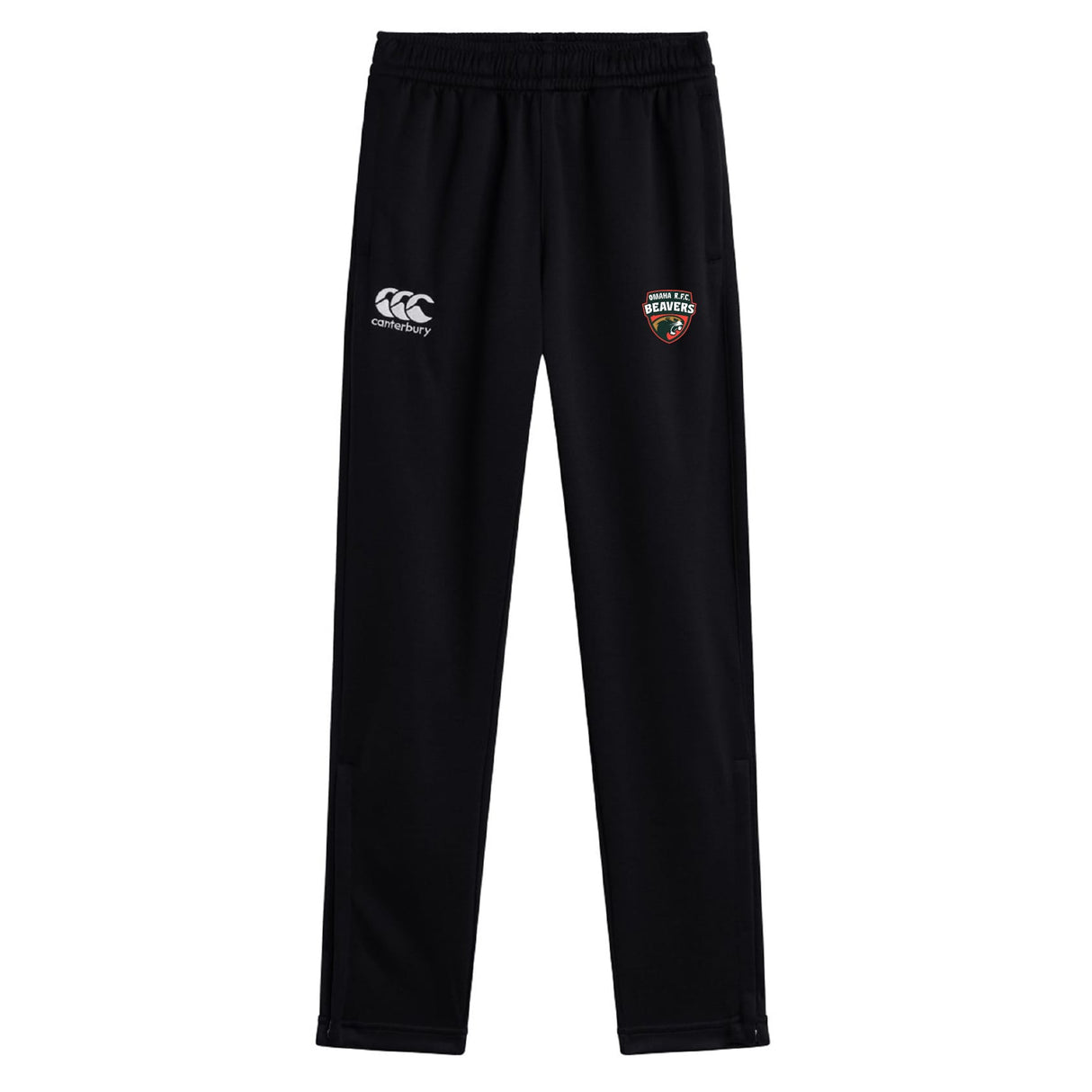 The Omaha Beavers RFC Stretch Tapered Pant by EMB Canterbury features the Canterbury logo on the left hip and a red and white club badge on the right, with quick-dry fabric ideal for intense workouts.