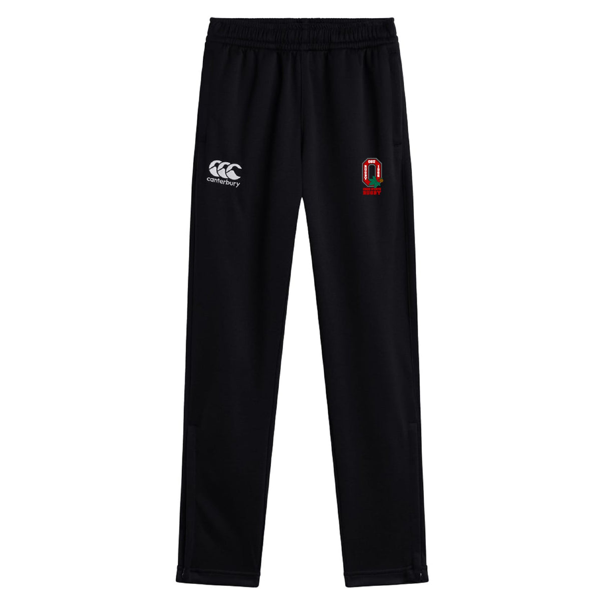 The Ohio State University Alumni Stretch Tapered Pant by EMB Canterbury features black, quick-dry fabric, an elastic waistband, the Canterbury logo, and a red and white team emblem—ideal men's workout pants for maximum comfort.
