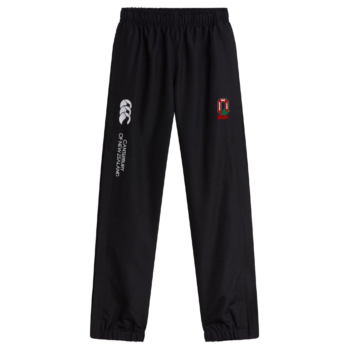 Ohio State University Alumni Cuffed Hem Stadium Pant by EMB Canterbury: black stadium pants with elastic waistband, cuffed hem, white "Canterbury of New Zealand" text and logo on one leg, plus a small red and green crest on the other.