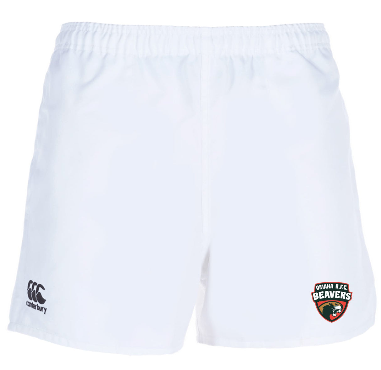The Omaha Beavers RFC Advantage Rugby Shorts by EMB Canterbury feature an elastic waistband, Canterbury logo on the left leg, and Omaha R.F.C. Beavers logo on the right—moisture-wicking shorts for comfort and performance.