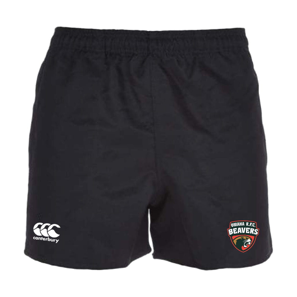 The Omaha Beavers RFC Advantage Rugby Shorts by EMB Canterbury feature an elastic waistband, moisture-wicking fabric, the Canterbury logo on the left leg, and the Omaha RFC Beavers logo on the right—perfect for comfort and style on or off the field.