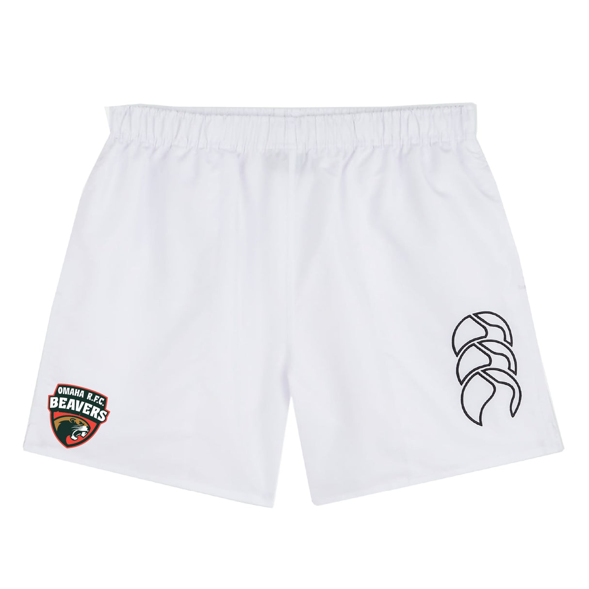 The Omaha Beavers RFC Tactic Short by EMB Canterbury features an elastic waistband, the "Omaha RFC Beavers" logo on the left leg, and a black abstract logo on the right—ideal men's gym shorts for comfort and style.