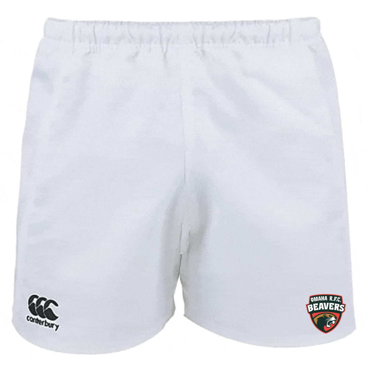 The Omaha Beavers RFC Professional Polyester Rugby Short by EMB Canterbury features the Canterbury logo on the left leg and the Ohana RFC Beavers logo on the right leg.
