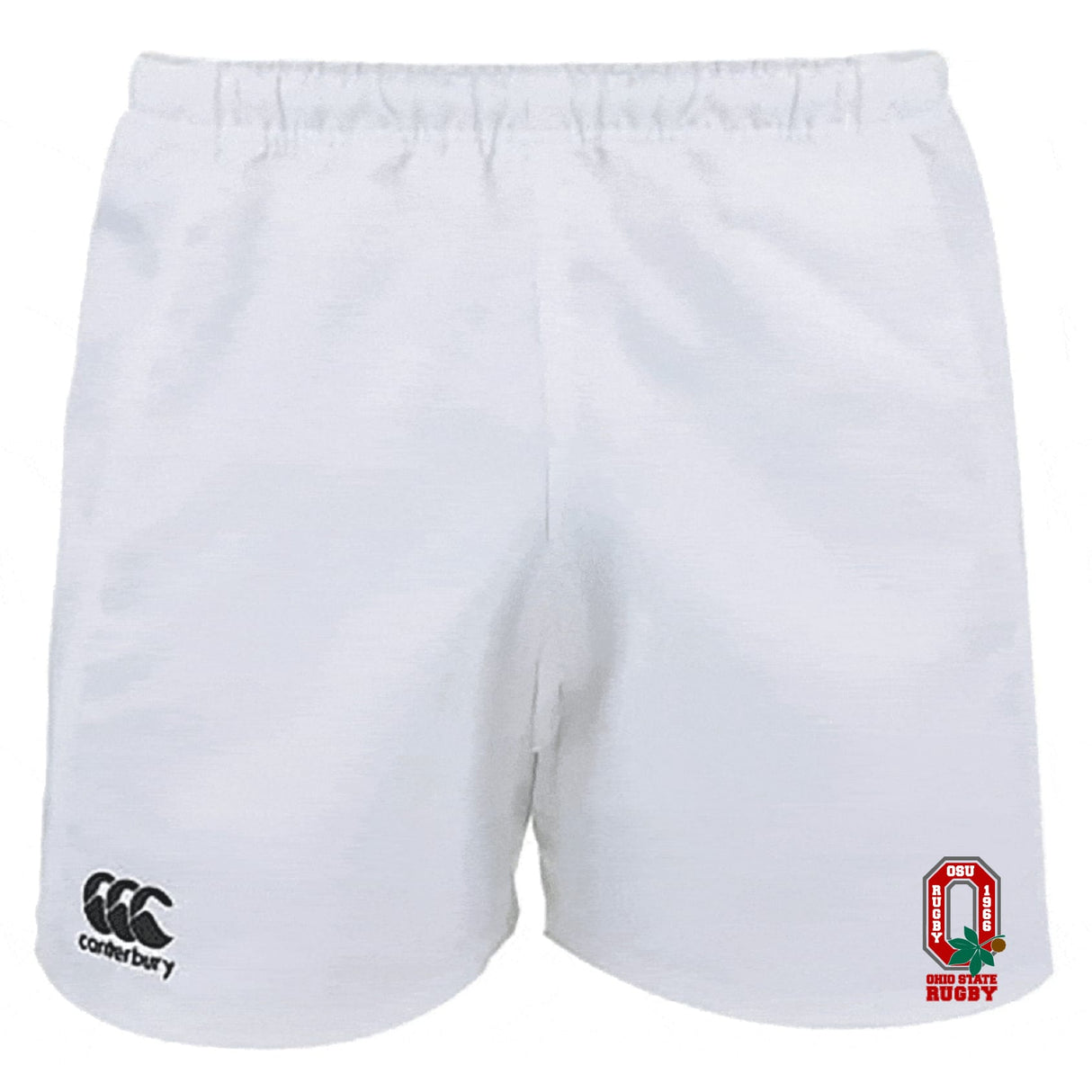 The Ohio State University Alumni Advantage Rugby Shorts by EMB Canterbury feature an elastic waistband, moisture-wicking fabric, the Canterbury logo on the left leg, and an Ohio State Rugby emblem on the right. Designed for comfort and performance.