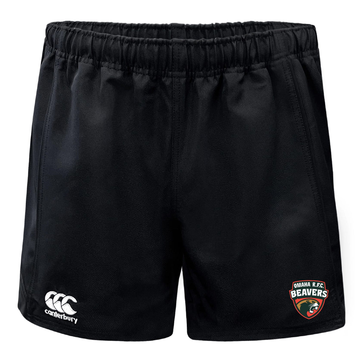 The EMB Canterbury Omaha Beavers RFC Professional Polyester Rugby Short features durable black fabric with the Beavers logo on the right leg and Canterbury branding on the left—ideal for training or match day.