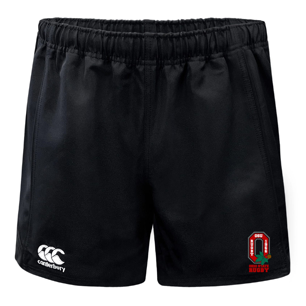 The EMB Canterbury Ohio State University Alumni Advantage Rugby Shorts feature an elastic waistband, moisture-wicking fabric, and display the white Canterbury logo on the left leg and the Ohio State Rugby logo on the right.