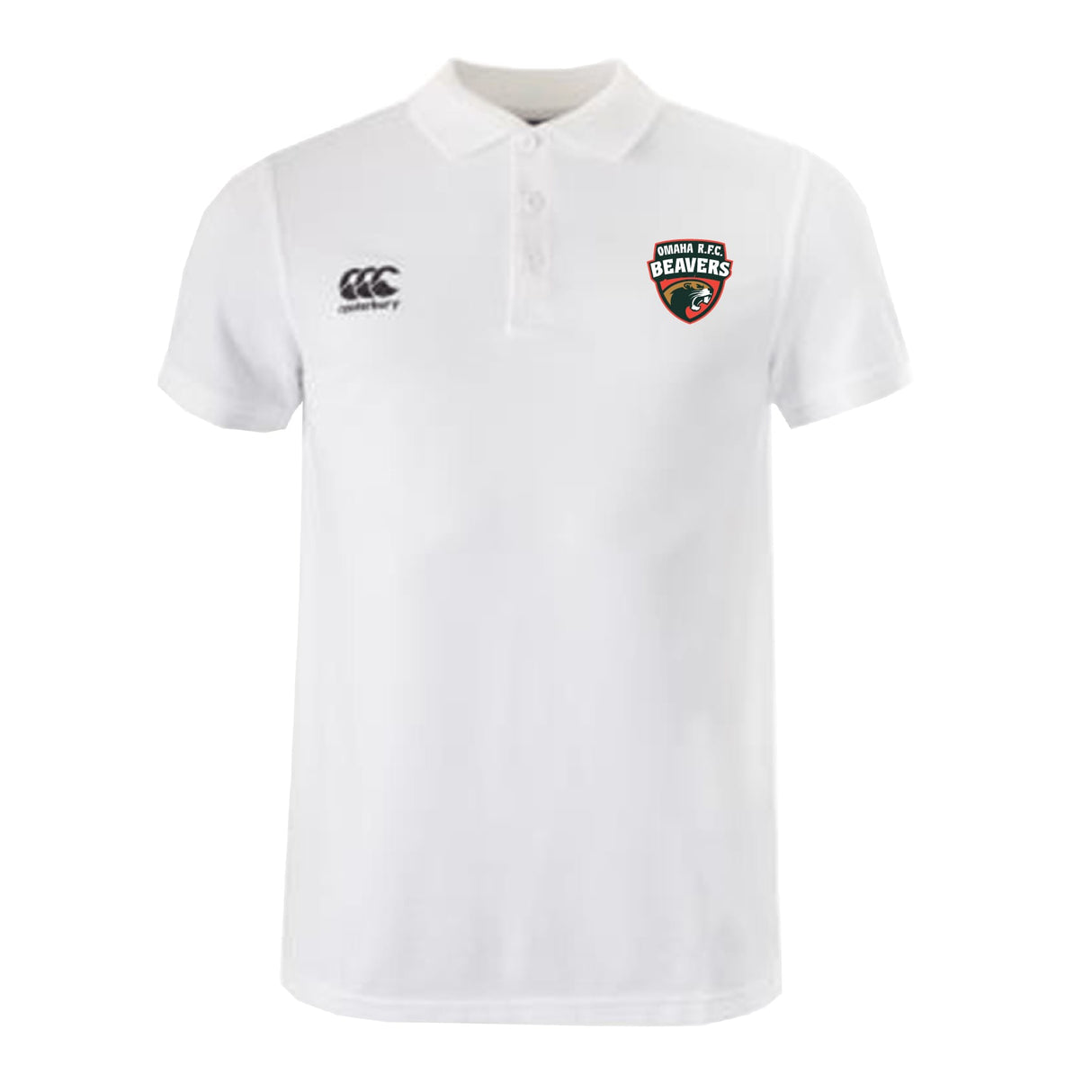 The EMB Canterbury Omaha Beavers RFC Waimak Polo is a white short-sleeve men’s rugby polo with a collar, featuring the Canterbury logo on the right chest and a "Beavers" crest on the left.