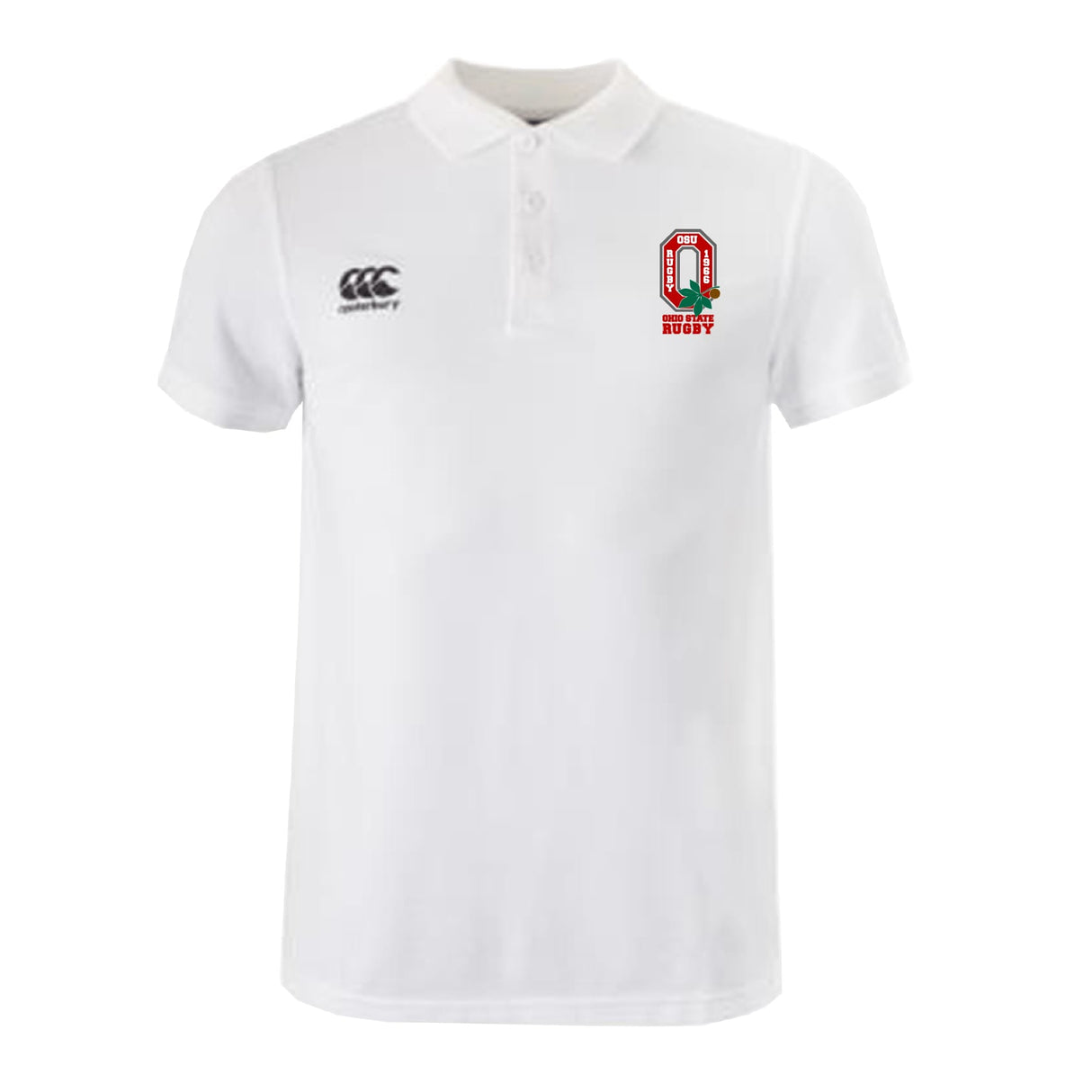 The Ohio State University Alumni Waimak Polo by EMB Canterbury is a white short-sleeve rugby polo featuring the CCC logo on the right chest and Ohio State club crest on the left.