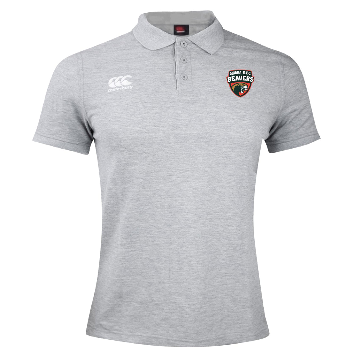Show your support in the Omaha Beavers RFC Waimak Polo by EMB Canterbury—a light grey rugby polo with short sleeves, Canterbury logo on the right chest, and Beavers club badge on the left. Perfect for club supporters.