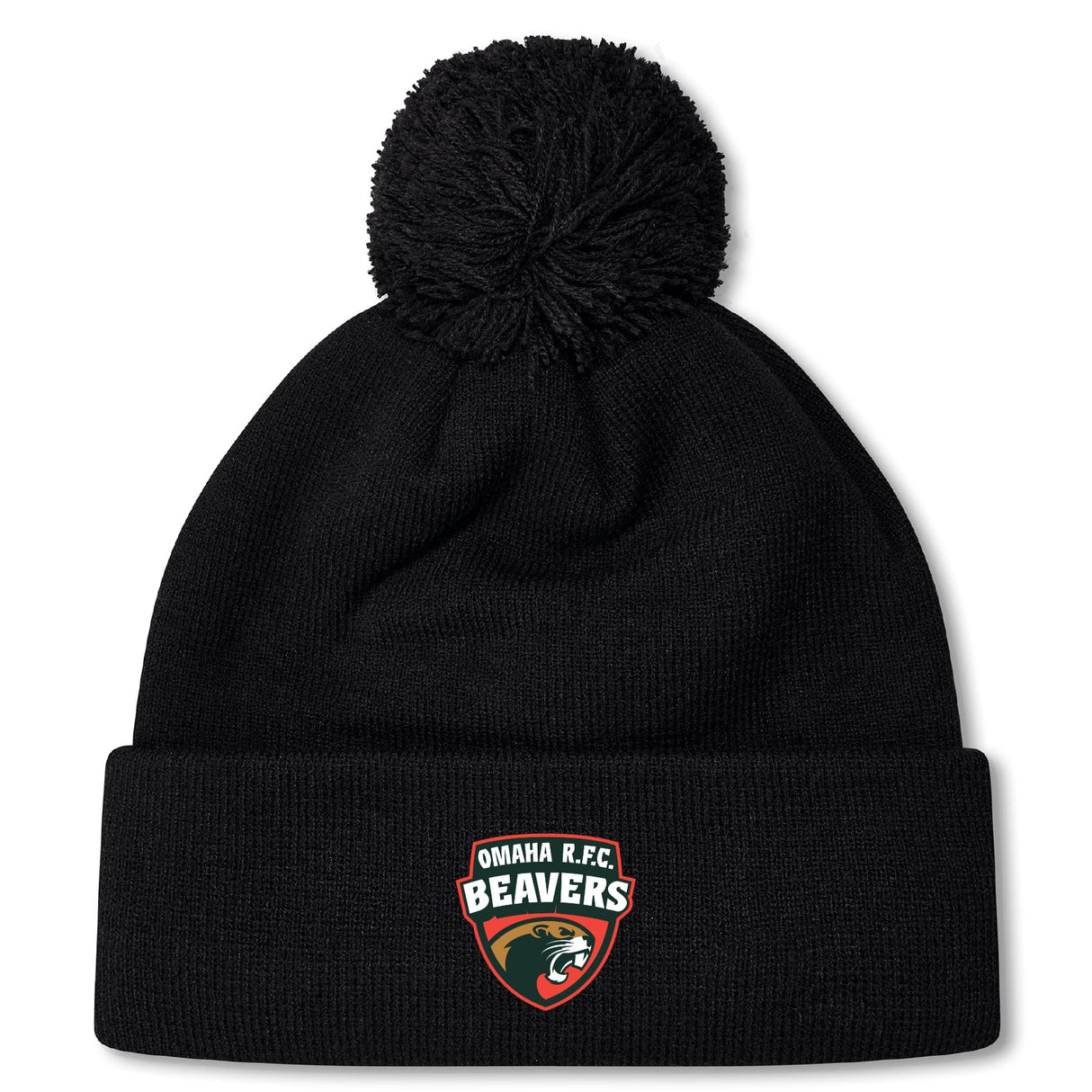 The Omaha Beavers RFC Pom Pom Beanie by EMB Canterbury is a black bobble hat with a pom-pom and features an "Omaha R.F.C. Beavers" logo patch on the front.