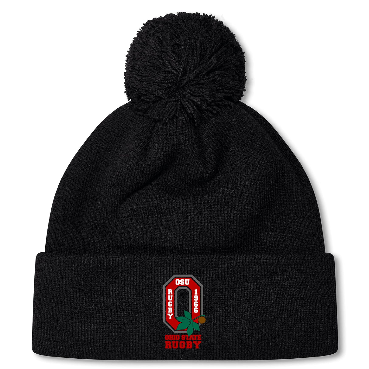 The Ohio State University Alumni Pom Pom Beanie by EMB Canterbury is a black, fleece-lined hat featuring an embroidered red and white "OSU Rugby 1966" logo and "Ohio State Rugby" text on the front, for extra warmth and comfort.