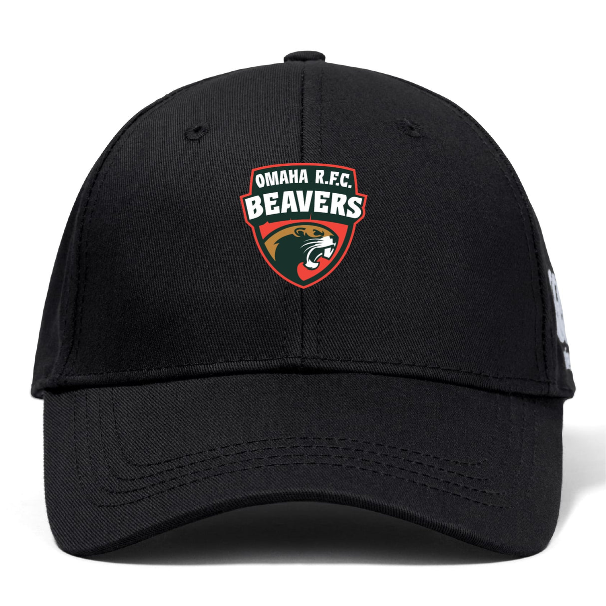 The Omaha Beavers RFC Flexfit Drill Cap by EMB Canterbury is a black cap with the Omaha R.F.C. Beavers embroidered beaver head logo on the front panel.
