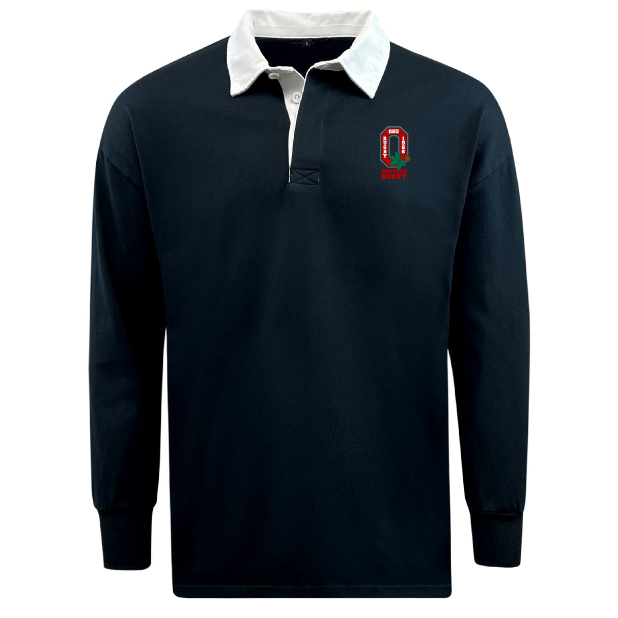 The EMB Mudoo Ohio State University Alumni Classic Long Sleeve Solid Rugby Jersey features black fabric with a white collar, a small red and white logo on the left chest, and is made from a soft cotton-poly blend for a classic look.