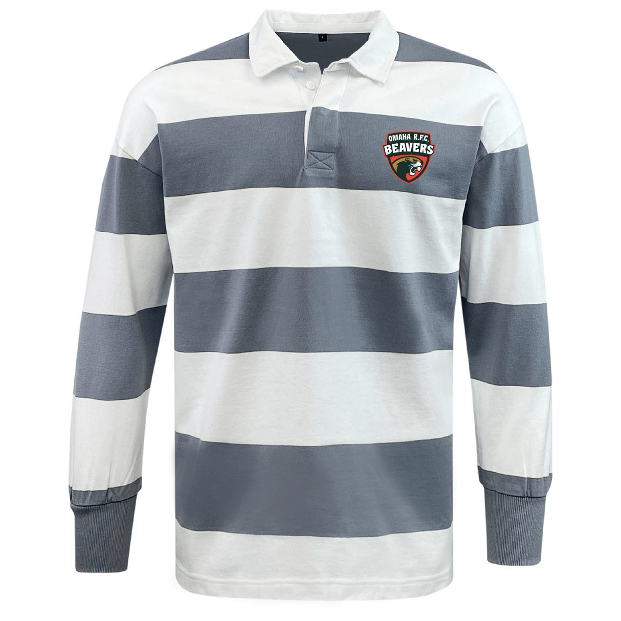 The EMB Mudoo Omaha Beavers RFC Classic Long Sleeve Hooped Rugby Jersey features wide white and gray stripes, a classic collar, button placket, and a chest patch with "OSU R.F.C. BEAVERS" and the beaver logo.